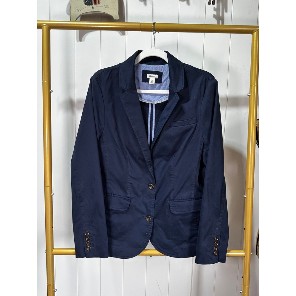 LL Bean Womens Navy Blue Cotton Blend Two Button Blazer Jacket Size M